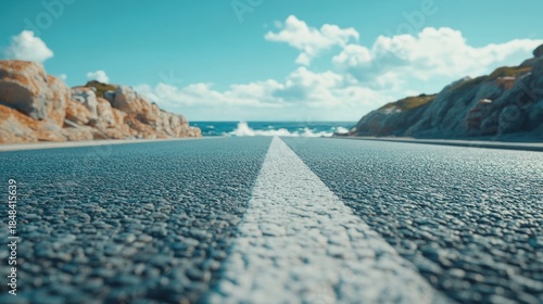 A low-angle perspective captures a road with a white dividing line, leading towards the ocean under a bright blue sky dotted with fluffy white clouds, creating a scenic and inviting atmosphere