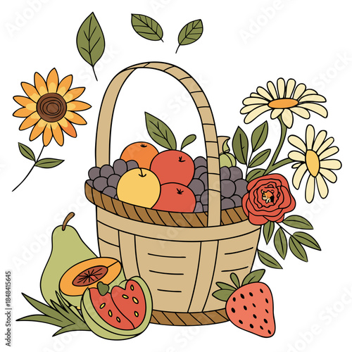 Bountiful fruit and flower basket with apples grapes and leaves
