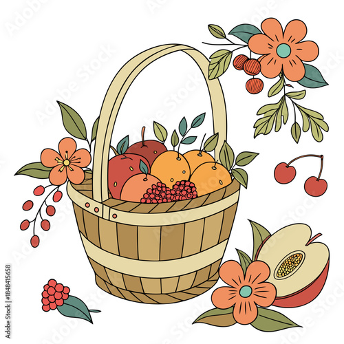 Bountiful fruit and flower basket with apples oranges and berries