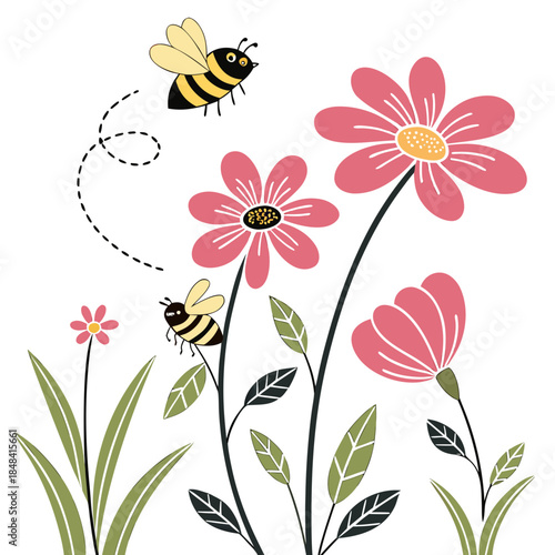 Wallpaper Mural Bumblebees flying around pink flowers with green leaves Torontodigital.ca