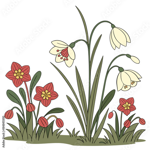 Red flowers and white bell shaped flowers with green grass and leaves