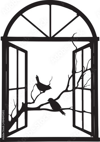 A silhouette of a woman standing by a glass window with bars captures a bird and cat in a cage within a dark office building