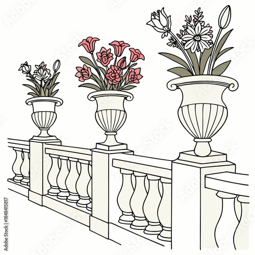 Vintage style of three ornate planters on a railing with flowers