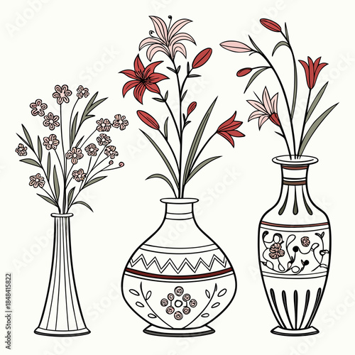 Vintage style vases with red and pink flowers vintage vases