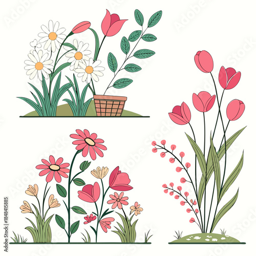 Colorful floral vignettes with tulips daisies and other flowers