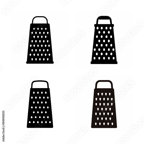 A graphic illustration showcasing various grater tools as black kitchen utensil silhouettes