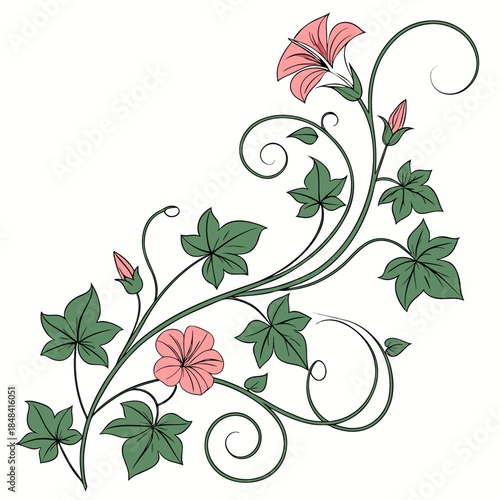 Pink flowers and green leaves on curly vines curly stems