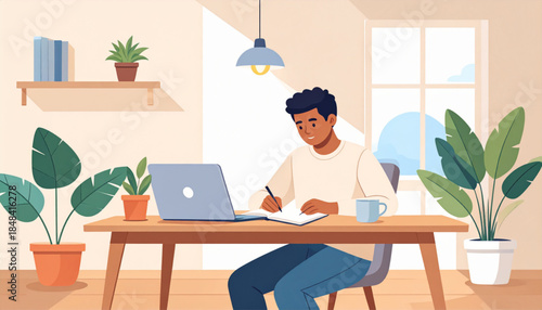 A man working from home, writing in a notebook at a desk with a laptop and plants.