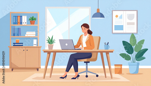 A professional woman working diligently on her laptop at a modern home office desk, surrounded by plants and office supplies in a bright room.