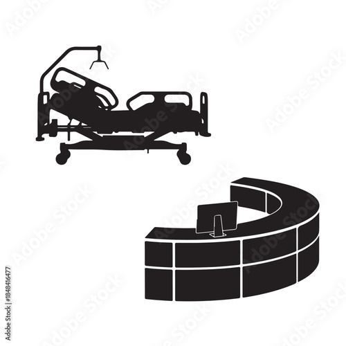ICU Bed and Hospital Reception Desk Silhouette Icon Sheet – Critical Care, Medical Admission Black Vector Set