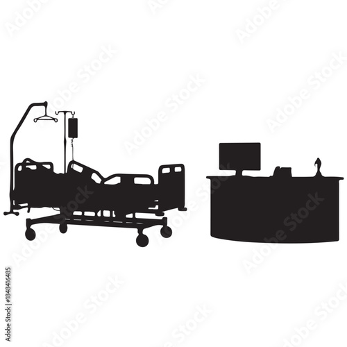 ICU Bed and Hospital Reception Desk Silhouette Icon Sheet – Critical Care, Medical Admission Black Vector Set