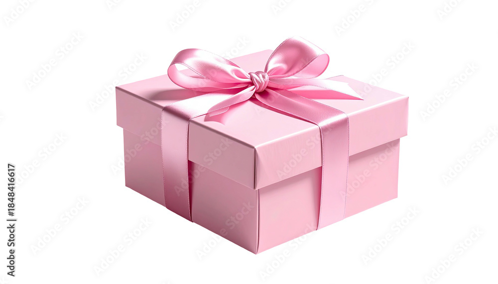 Fototapeta premium Pink gift box with satin ribbon and bow, isolated on black