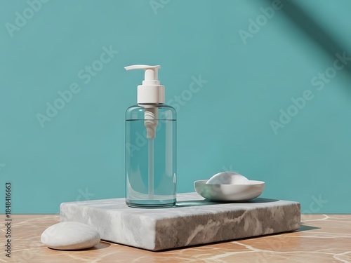 A clear liquid soap dispenser on a marble slab with a small white bowl and stones against a turquoise backdrop