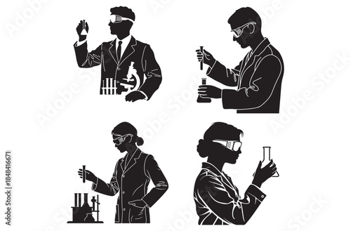 Lab Technician Silhouette Icon Sheet – Medical Laboratory Staff, Diagnostic Healthcare Black Vector Set