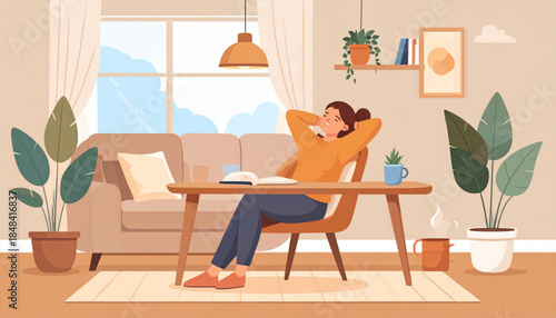 A woman relaxing peacefully in a cozy, sunlit living room with indoor plants and comfortable furniture, enjoying a moment of calm.