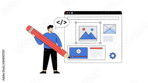 Web Design & Development Concept: Person with Pencil Creating Digital Content