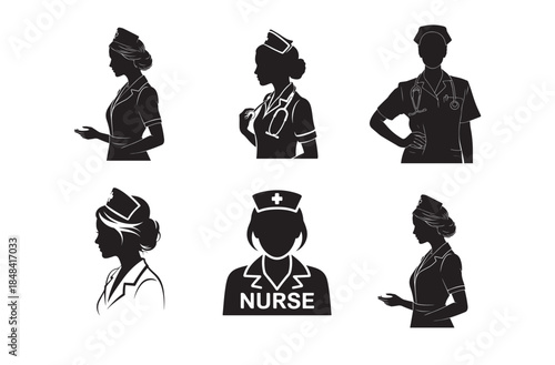 Nurse Silhouette Icon Sheet – Medical Staff, Healthcare Professional Black Vector Set