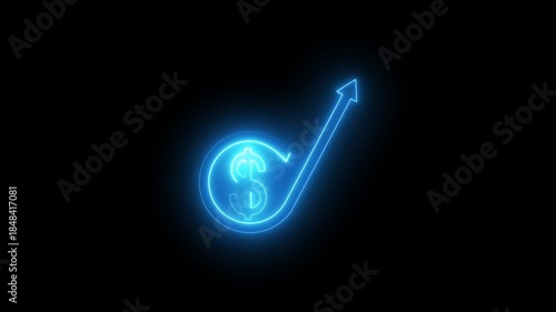 Neon Glowing Dollar Growth Arrow Icon Animation Loop on Black Background, Rising Finance Profit Symbol with Upward Trend Line for Investment, Revenue Increase