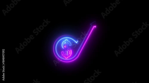 Neon Glowing Dollar Growth Arrow Icon Animation Loop on Black Background, Rising Finance Profit Symbol with Upward Trend Line for Investment, Revenue Increase