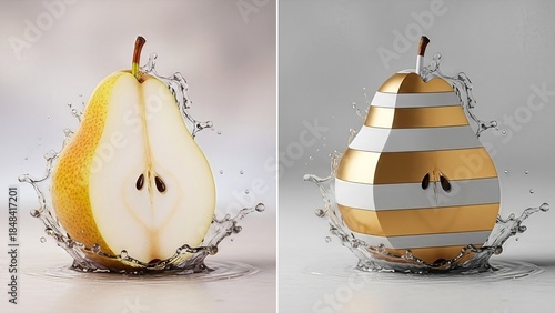 Divergent pear imagery, a halved natural fruit and a stylized golden striped counterpart