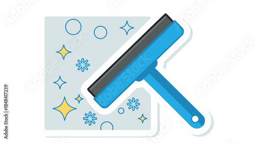 Window Squeegee Cleaning Glass with Sparkle Icons