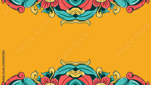 Yellow background with decorative floral frame elements in vibrant colors. Theme Warm, happy, celebratory. for Event posters, festive invitations, promotional graphics.