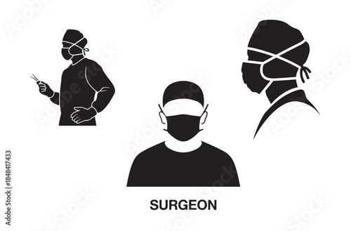 Surgeon Silhouette Icon Sheet – Medical Doctor, Surgical Specialist Black Vector Set