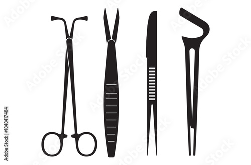 Surgery Tools Silhouette Icon Sheet – Surgical Instruments, Medical Operation Black Vector Set