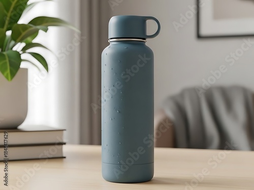 Sleek matte blue insulated water bottle with condensation on a wooden table, featuring a modern design for hydration and sustainability in a contemporary home or office environment