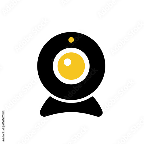 Vector illustration of a black webcam with a yellow lens. Modern icon for online communication, video conferencing, and digital technology concepts, minimalist flat design