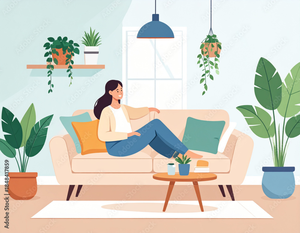 Obraz premium A woman relaxing comfortably on a sofa in a cozy living room filled with numerous green houseplants and natural light.