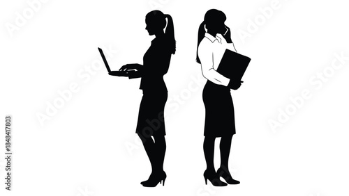Two businesswoman silhouettes using laptop and mobile phone
