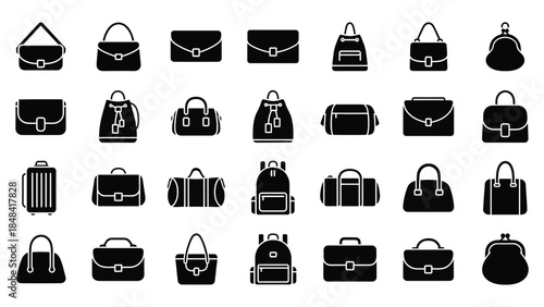 Collection of black and white silhouettes of bags, luggage, and purses