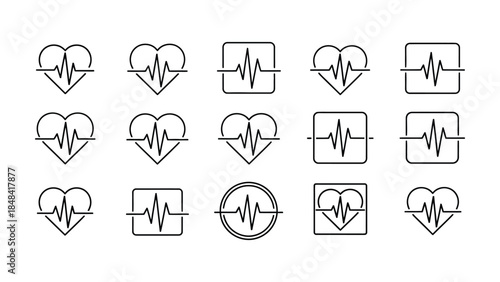 Collection of heart rate, ECG, and cardiology line icons