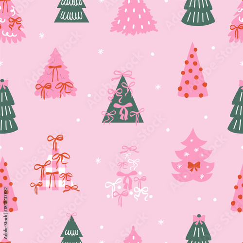 Christmas tree coquette whimsical style. Pink girlish ribbon bow Seamless pattern.