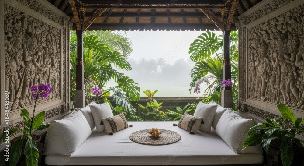 Obraz premium A Balinese bale bengong (gazebo) interior with carved stone walls, a daybed with white cotton cushions, and tropical foliage framing the view, ethereal misty morning atmosphere.