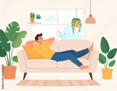 A man in a yellow t-shirt and blue pants relaxing comfortably on a beige sofa in a cozy living room filled with various green potted plants.