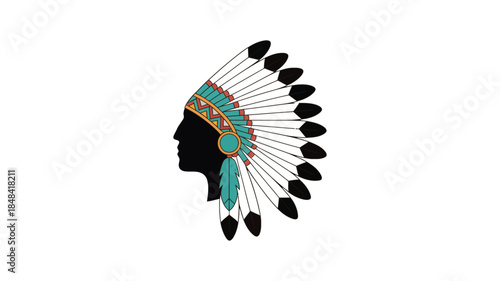 Native american profile silhouette wearing traditional feather headdress isolated on white background