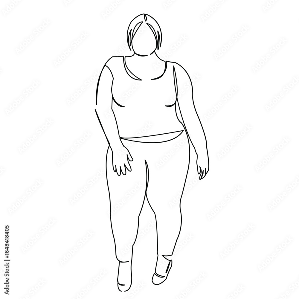 Fototapeta premium One continuous single drawing line art doodle female, size, plus, fat, young, girl, model, fashion, overweight, beautiful, sexy, bodypositive. Isolated flat illustration hand draw contour on a white b