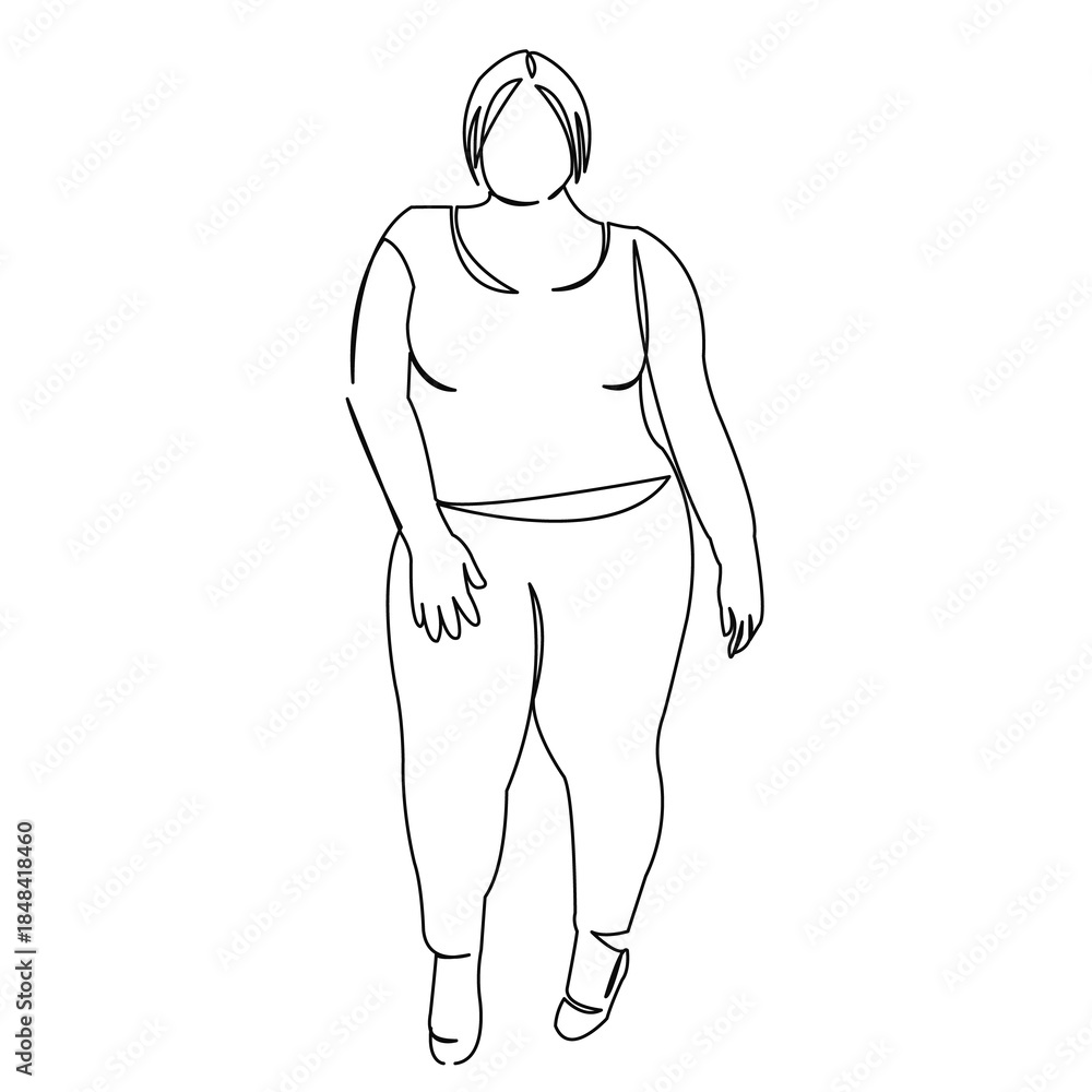 Fototapeta premium One continuous single drawing line art doodle female, size, plus, fat, young, girl, model, fashion, overweight, beautiful, sexy, bodypositive. Isolated flat illustration hand draw contour on a white b