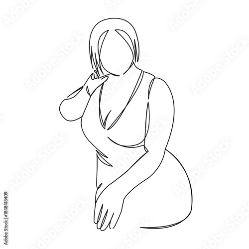 One continuous single drawing line art doodle female, size, plus, fat, young, girl, model, fashion, overweight, beautiful, sexy, bodypositive. Isolated flat illustration hand draw contour on a white b