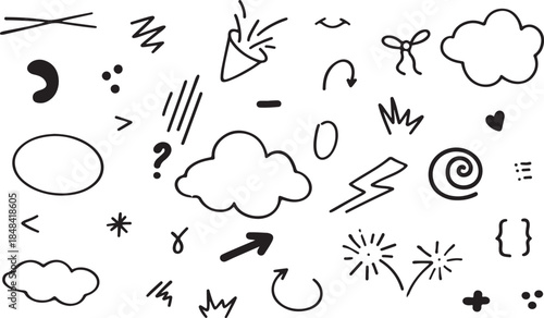 Hand drawn doodle elements set. Hand drawn doodle style collection line art black and white vector set blank background 