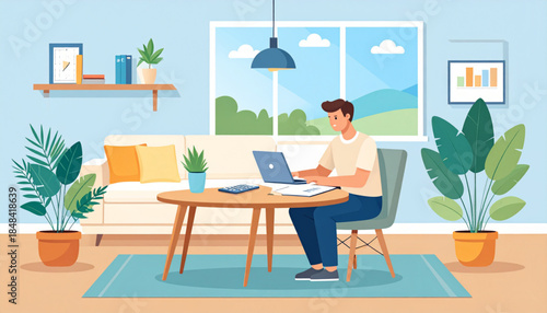 A man working on a laptop at a wooden table in a cozy living room with plants and a window view.