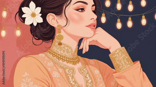 An elegant woman in traditional attire, adorned with golden jewelry under festive string lights