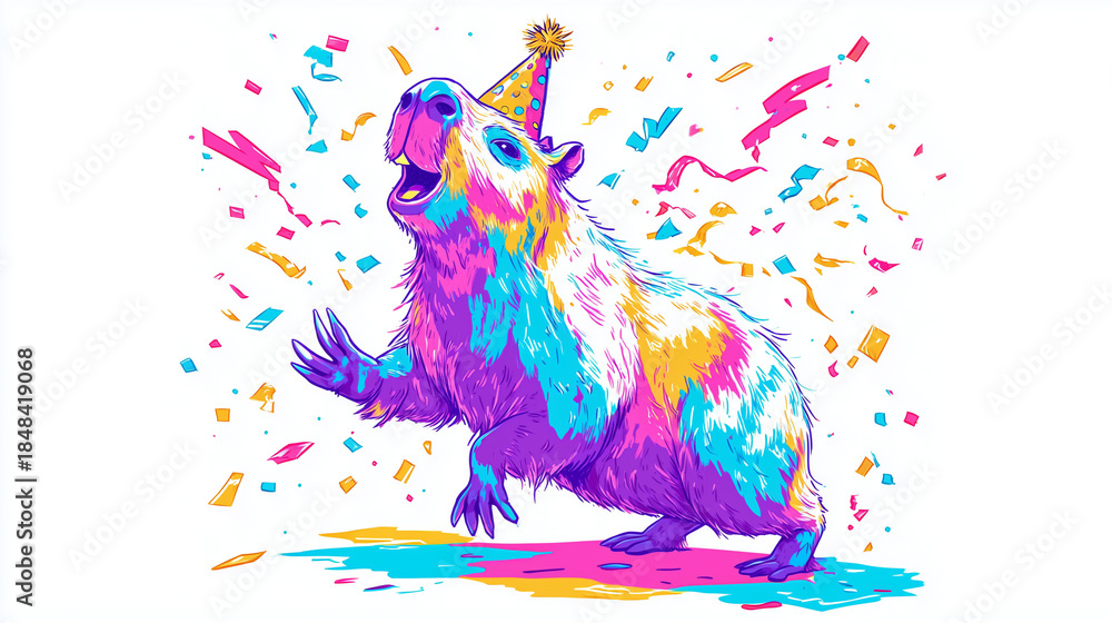 Obraz premium dancing capybara with colorful confetti at the party