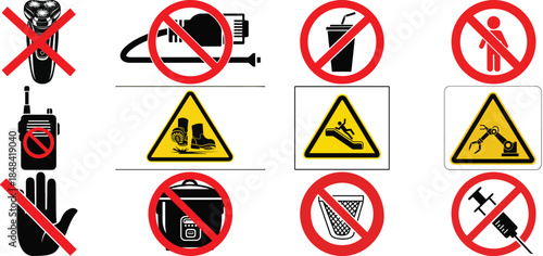   
Hazard & Prohibition Sign Grid – Safety Symbols for Industrial, Chemical, and Behavioral Risk Control