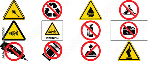 Hazard & Prohibition Sign Grid – Safety Symbols for Chemical, Electrical, Mechanical, and Behavioral Risks