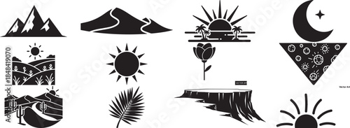 A set of heraldic symbols and elements featuring black vector illustrations of sun, fish, and leaf shapes in a silhouette art pattern for nature sign design