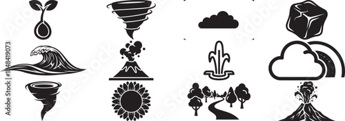 Vintage black vector silhouette set featuring decorative plant and flower illustrations with elegant design symbols and artistic frames for fashion or jewelry patterns