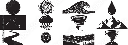 Set of vintage vector icons and black silhouettes of plants and flowers featuring elegant gold patterns and animal symbols for fashion design and Christmas gift decoration